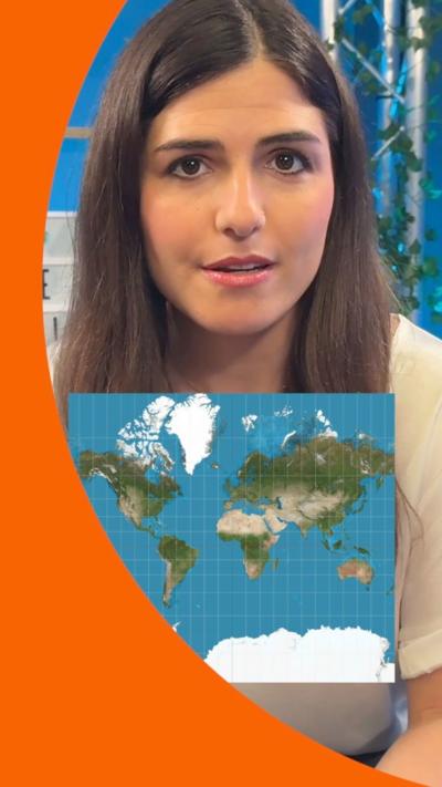 Presenter Hannah Gelbart with long dark hair and a map of the below overlayed on the bottom.