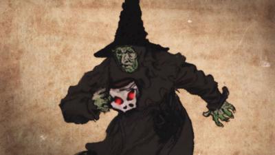 Illustration of a witch with green skin, carrying a skull cup