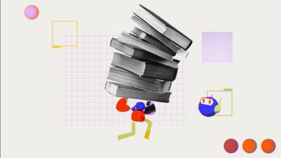 An illustration of a human carrying a pile of books