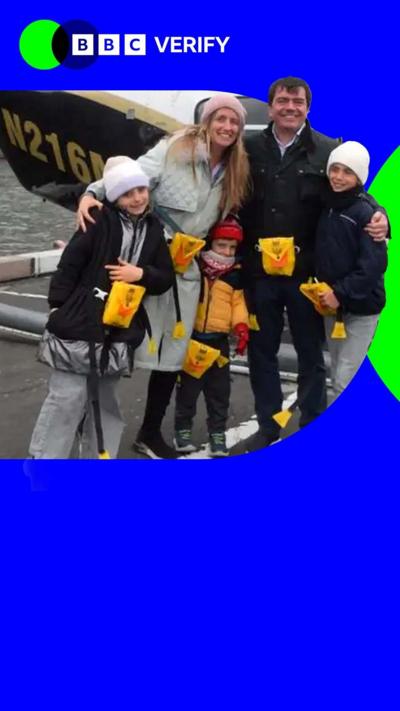 The family killed in the helicopter crash stand together before the flight. The BBC Verify colours are imposed over the image. 