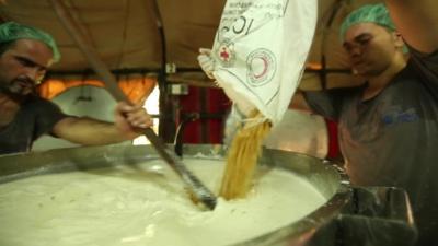 The BBC's Jeremy Bowen visits a food kitchen in western Aleppo, but he says it is those citizens in the besieged eastern side who are most in need.