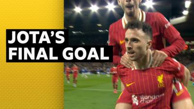 Diogo Jota scores against Everton in April 2025