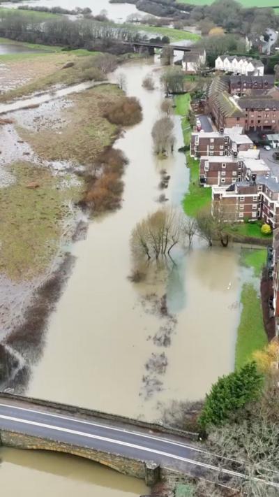 An aerial shot of flood water