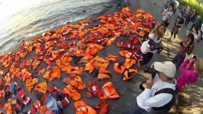 Life jackets laid out alongside New York's watershore