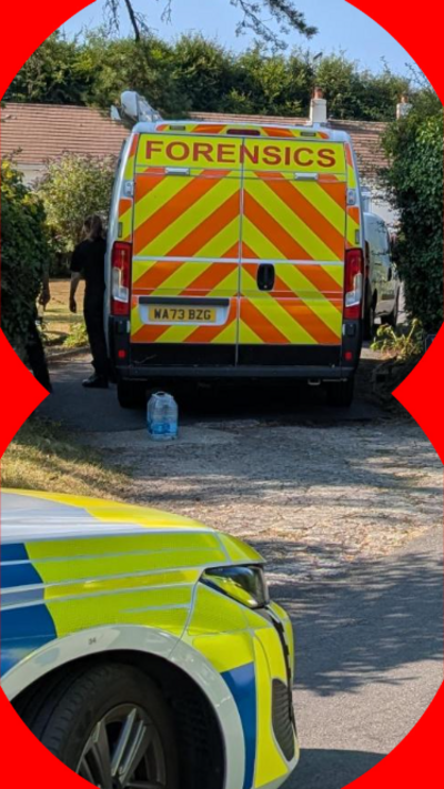 A forensics van and police car