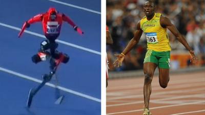 Composite image showing the robot on the track next to a file photo of Bolt sprinting on a track