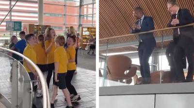 Children's choir surprised by Keir Starmer and Vaughan Gething visit