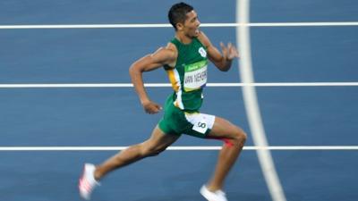 South Africas Wayde van Niekerk competes in the Men"s 400m Final during the athletics event at the Rio 2016 Olympic Games at the Olympic Stadium in Rio de Janeiro