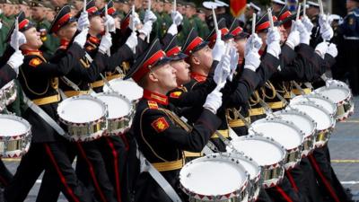 The Russian military band plays during the parade at Red Square in Moscow