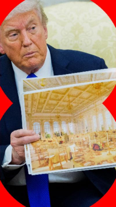 A composite image showing Donald Trump holding up a printed image next to the BBC Verify logo.