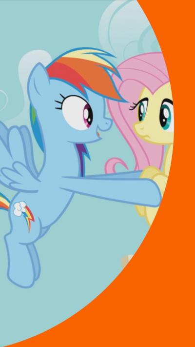 My Little Pony cartoon characters Rainbow Dash and Fluttershy hover in midair. Rainbow Dash is re-assuring Fluttershy.

