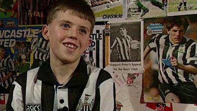 13 year old Michael Carrick in front of Newcastle United and Peter Beardsley posters