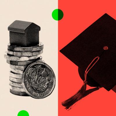 A graduation hat on the right of shotand a pile of £1 coins with a monopoly style house on the top on the left with a background of InDepth beige and red split vertically down the middle
