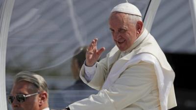 Pope Francis waves in Holguin, Cuba