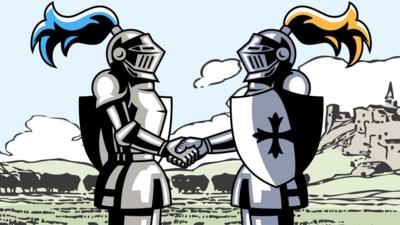 Illustration of two nights in armour shaking hands