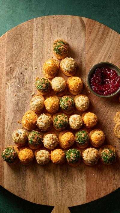 Cheese balls in the shape of a Christmas tree sit on a round wooden chopping board. 
