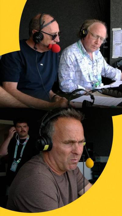 Michael Vaughan reacts to Ben Stokes' retirement announcement from inside comms booth at Englanfd v New Zealand