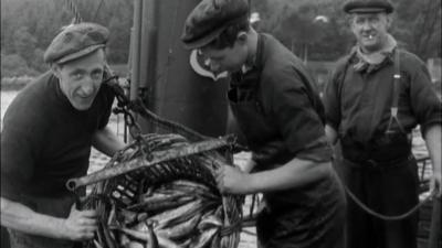 Two fishermen pour fish from a basket. Another fisherman smoking a cigarette