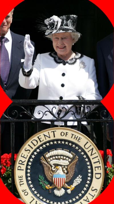 Queen Elizabeth II standing on a balcony alongside President George Bush, Prince Phillip and Laura Bush.