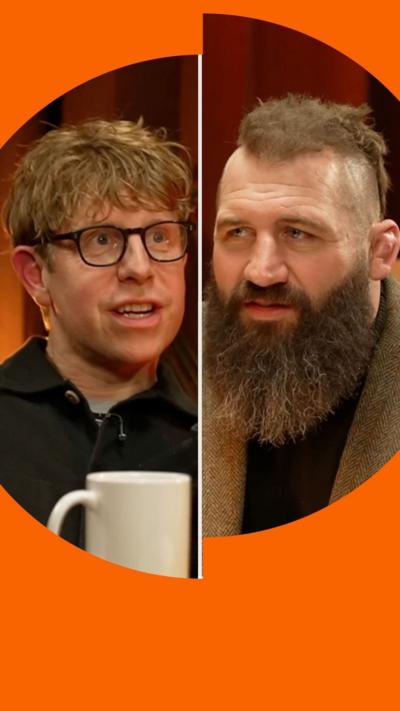 Composite image of Josh Widdicombe and Joe Marler. Josh wears black glasses and a black shirt. Joe has a beard and wears a brown suit jacket 