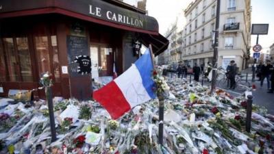 Flowers outside Le Carillon restaurant scene of one of the shooting on Nov 13th