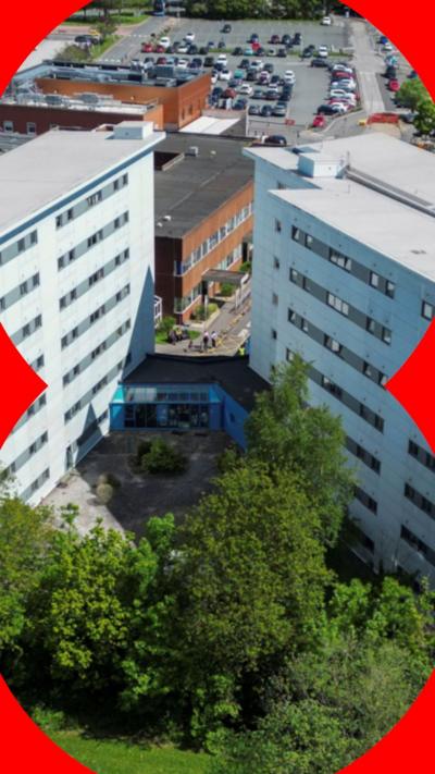 An areal view of the white hospital accommodation. 