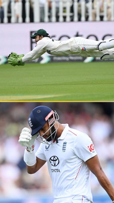 Muhammad Rizwan diving to catch the ball while Emilio Gay looks at the floor and walks from the crease
