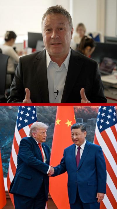 Split screen on Stephen McDonald and a photo of Trump and Xi shaking hands