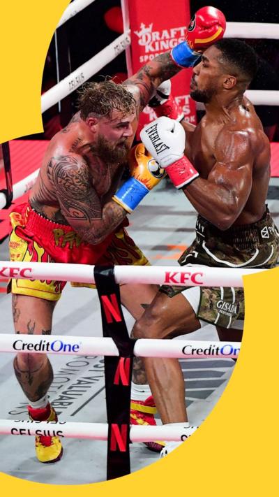 Anthony Joshua and  Jake Paul exchange blows in the ring 