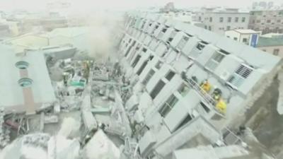 Building complex lying on its side from magnitude 6.4 earthquake that struck Tainan City in February 2016