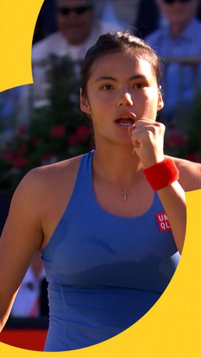 Watch as Emma Raducanu takes the opening set against Iva Jovic in the Queen's tennis quarter-finals in London.