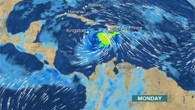 Rainfall forecast map showing Hurricane Matthews' path.