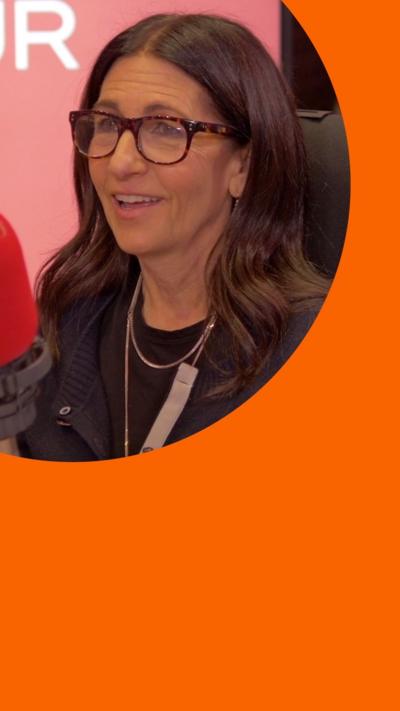 Bobbi Brown, with long dark hair and glasses, in the Woman's Hour studio.