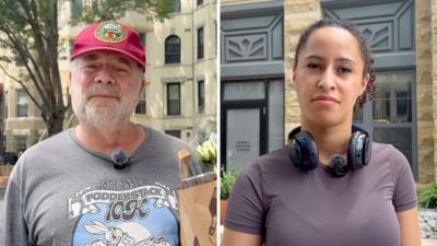 Split screen image showing a bearded man in a red baseball cap holding a grocery bag and a woman with headphones.