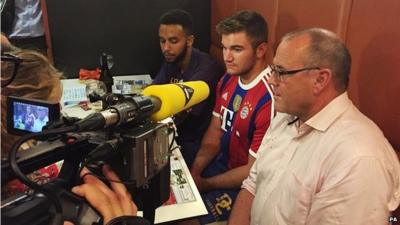 Anthony Sadler from California, Alek Skarlatos from Oregon, and Chris Norman, a British man living in France, speak to reporters in Arras.