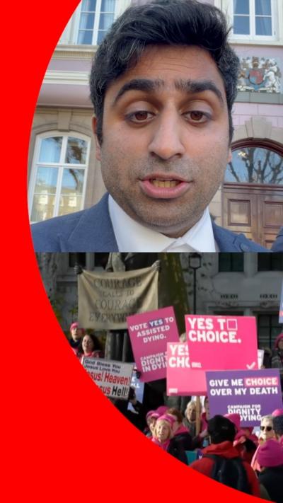 Split screen of a man in a suit on top and people holding banners at the bottom