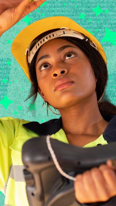 An electrician inspecting something above her head