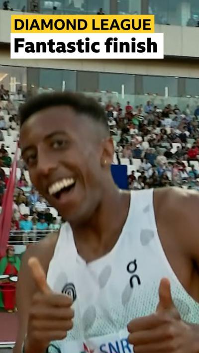 Yared Nuguse celebrates after winning 1500m