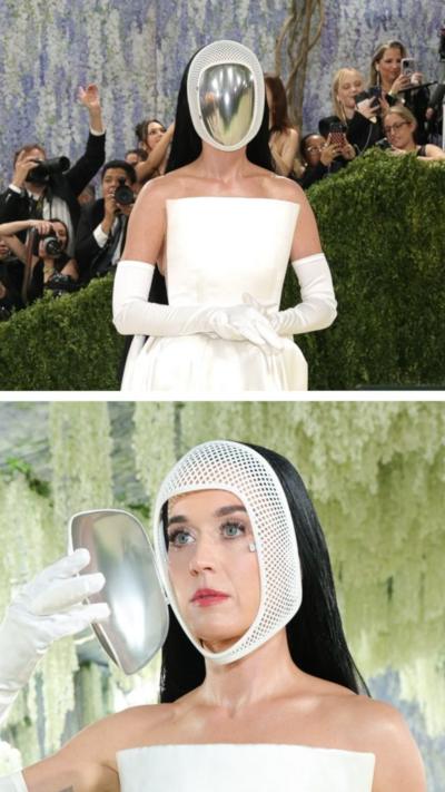 Split screen image showing Katy Perry wearing a white dress and long gloves. On the top photo, she is wearing a silver mask and on the bottom photo she is opening the mask.