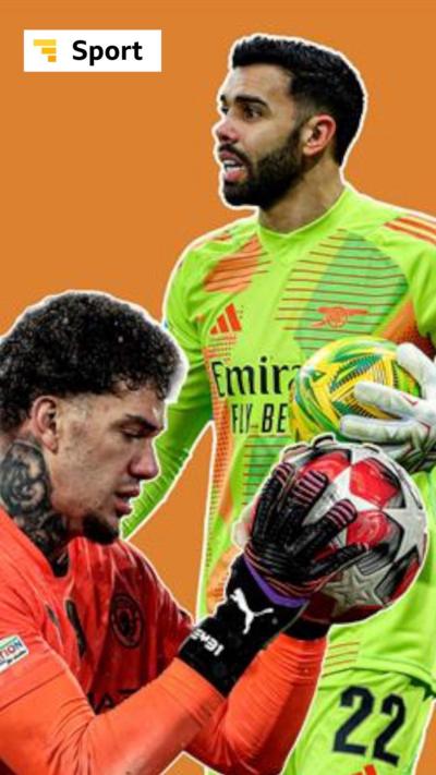 Composite image of goalkeepers Ederson and David Raya on an orange background