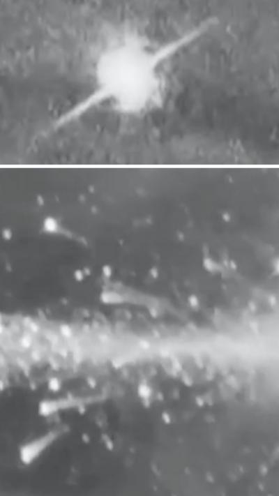 Composite image showing a jet flying and an explosion