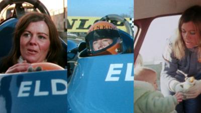 A collage of three images, two showing Margaret in her racing car, and the last showing her giving a baby a bottle.