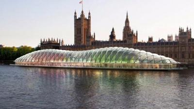 Impression of temporary building floating on Thames next to Parliament