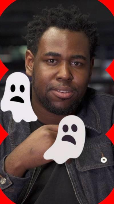 A man wearing a denim jacket, with an overlay of white cartoon ghosts on top.