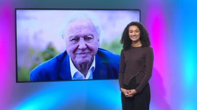 Nina in the studio with Sir David Attenborough in the screen