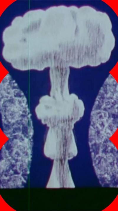 Graphic representation of a mushroom cloud from a nuclear explosion on a screen