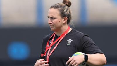 Wales u18s coach Siwan Lillicrap with ball and whistle