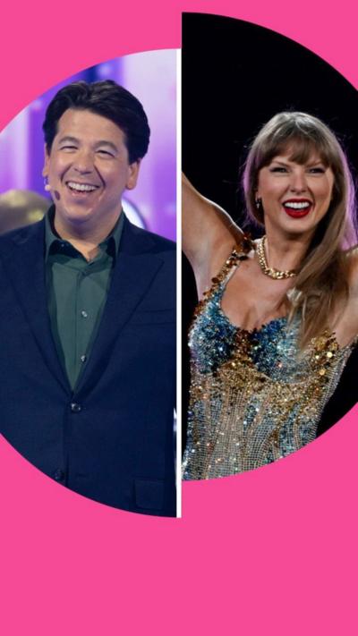 Split screen: Michael McIntyre (left) on The Wheel set and Taylor Swift (right) in a sequin strap dress.
