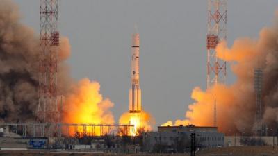 The ExoMars Trace Gas Orbiter launches from Baikonur spaceport in Kazakhstan.