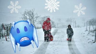 Children playing in snow with emoji